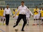 Deputy Prime Minister Nick Clegg kicks a ball during a visit to Brazil on June 21, 2012