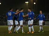 Ranger's Andrew Little is congratulated by team mates after scoring the opening goal against Stirling on February 26, 2013