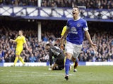 Everton's Kevin Mirallas celebrates scoring his side's third goal against Reading on March 2, 2013