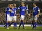 Everton's Leighton Baines is congratulated by team mates after scoring his team's second in the FA Cup 5th round replay against Oldham on February 26, 2013