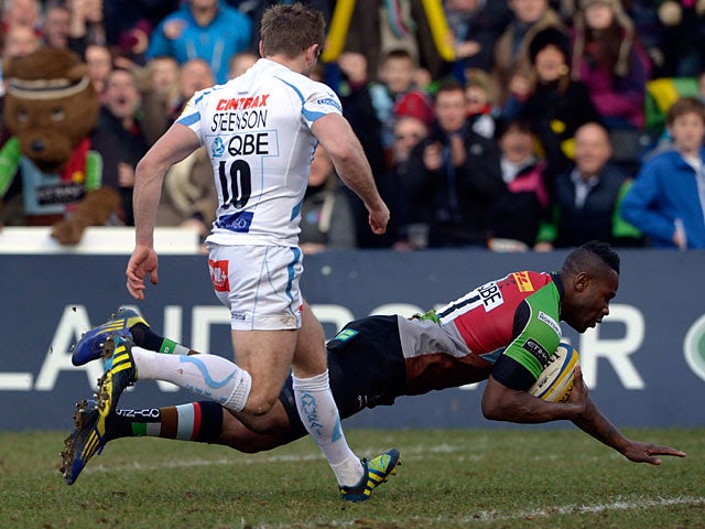 Harlequins' Ugo Monye scores the first try of the match against Exeter on March 2, 2013