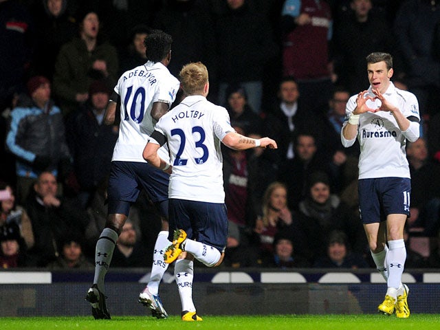 Tottenham Hotspur's Gareth Bale celebrates scoring his side's first goal against West Ham United on February 25, 2013
