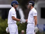 Alastair Cook and Nick Compton celebrate Cook's 50 against NZ on March 9, 2013