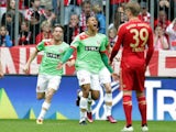 Duesseldorf's Matthias Bolly of Norway celebrates after scoring against Bayern Munch on March 9, 2013