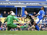 Wigan's Callum McManaman scores the second against Everton on March 9, 2013