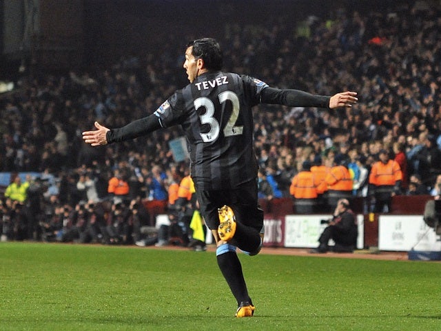 City's Carlos Tevez celebrates his goal against Aston Villa on March 4, 2013
