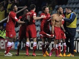 Charlton's Danny Haynes is congratulated by team mates after scoring his team's second against Peterborough on March 5, 2013