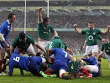 Ireland's Jamie Heaslip scores a try in the Six Nations match with France on March 9, 2013