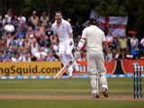 England bowler Jimmy Anderson celebrates taking the wicket of NZ's Peter Fulton on March 7, 2013