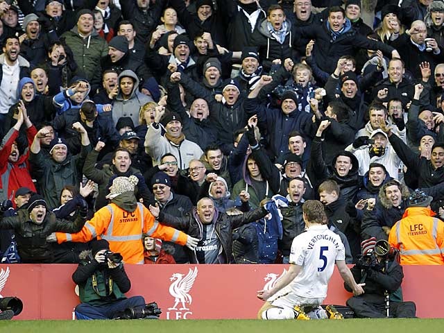 Jan Vertonghen celebrates in front of Spurs fans after scoring his second goal against Liverpool on March 10, 2013