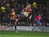 Huddersfield Giants' Danny Brough dives over to score a try during the Super League match against Leeds Rhinos on March 8, 2013