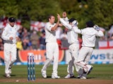 New Zealand players celebrate after Tim Southee takes the wicket of England's Nick Compton on March 6, 2013