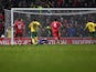 Southampton Goalkeeper Artur Boruc saves a penalty from Norwich's Grant Holt during the Premier League match on March 9, 2013