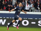 Paris Saint Germain's forward Zlatan Ibrahimovic celebrates scoring his second goal against Nancy on March 9, 2013