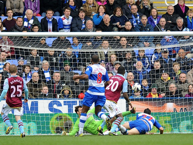 Aston Villa's Christian Benteke scores his side's first goal in their match against Reading on March 9, 2013