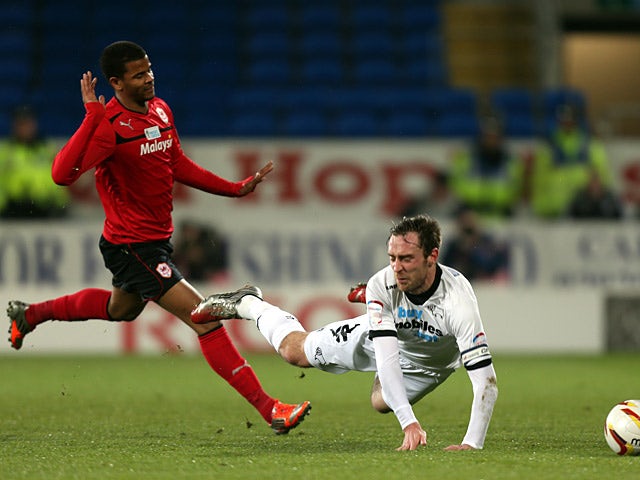 Derby's Richard Keogh is fouled by Cardiff's Fraizer Campbell on March 5, 2013