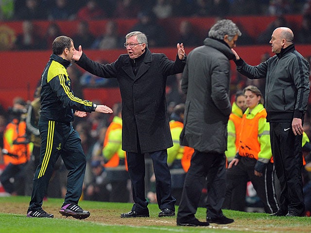 Manchester United boss Sir Alex Ferguson protests after Nani is sent off during the second half against Real Madrid on March 5, 2013