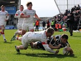 Sale Sharks' Tom Holmes scores the first try of the match against Saracens on March 10, 2013