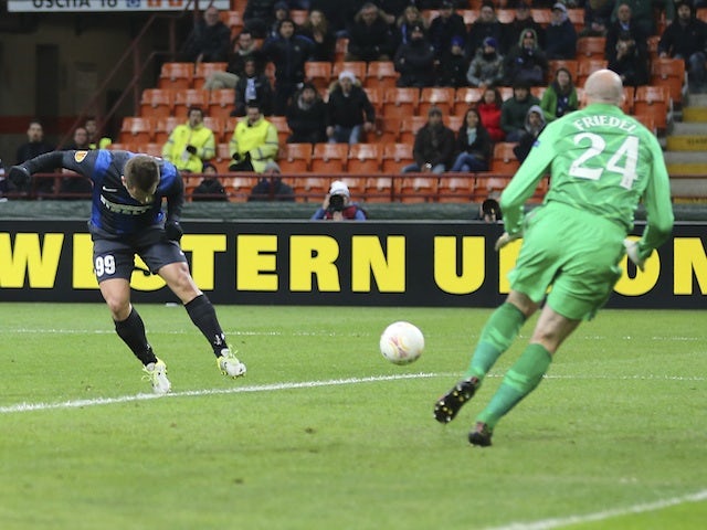 Inter's forward Antonio Cassano opens the scoring against Tottenham on March 14, 2013
