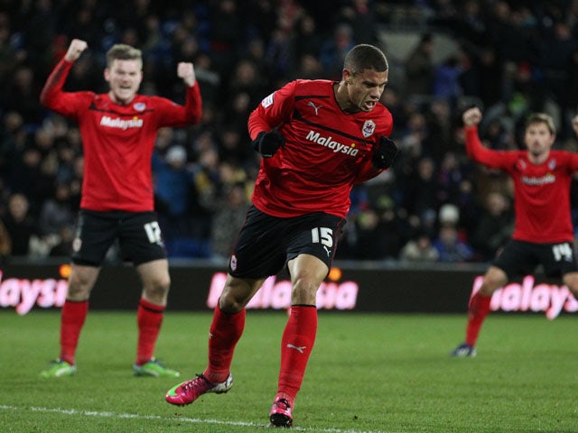 Cardiff City's Rudy Gestede celebrates scoring the equalising goal in his side's match with Leicester city on March 12, 2013