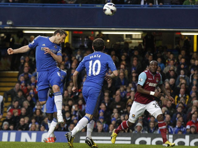 Chelsea's Frank Lampard scores with his head against West Ham in the Premier League match on March 17, 2013