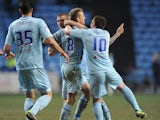 Coventry City's Carl Baker celebrates scoring against Colchester United on March 12, 2013