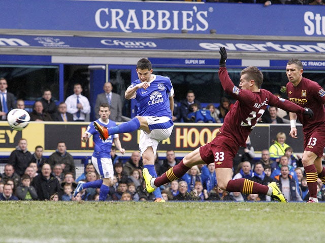Everton's Kevin Mirallas scores a goal only to see it ruled offside during the Premier League match against Manchester City on March 16, 2013