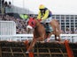 Flaxen Flare jumps the last fence during the Fred Winter Juvenile Handicap Hurdle at the 2013 Cheltenham Festival on March 13, 2013