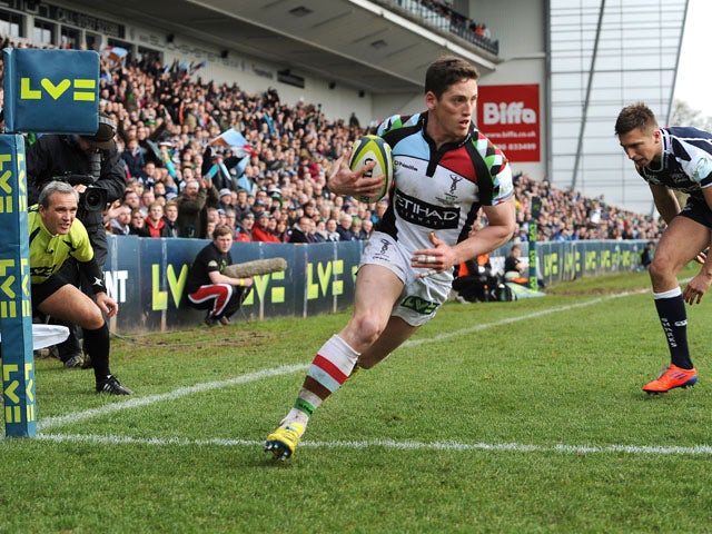 Harlequins' Tom Williams scores a try during the LV=Cup Final on March 17, 2013