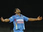 India's Ravindra Jadeja celebrates taking a wicket during a ODI against West Indies on December 11, 2011