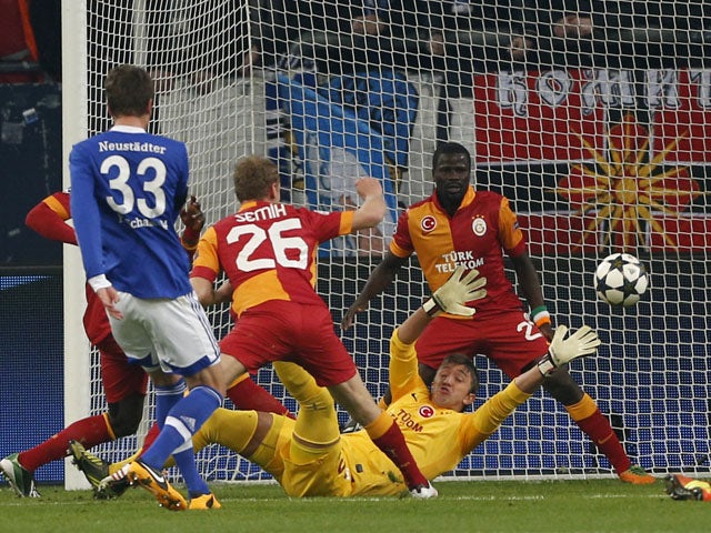 Schalke's Roman Neustaedter scores the opening goal in his side's Champions League last 16 second leg tie with Galatasaray on March 12, 2013