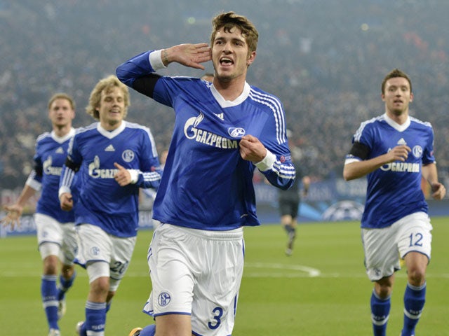 Schalke's Roman Neustaedter celebrates after scoring the opening goal in his side's Champions League last 16 second leg tie with Galatasaray on March 12, 2013