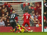 Southampton's Jay Rodriguez scores against Liverpool in the Premier League clash on March 16, 2013