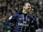PSG's Zlatan Ibrahimovic celebrates a goal against St Etienne on March 17, 2013