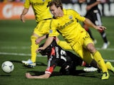 Columbus Crew defender Chad Marshall with D.C. United's Chris Pontius during the MLS match on March 23, 2013