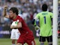 Portugal's Fabio Coentrao celebrates scoring against Israel during the World Cup qualifying match on March 22, 2013