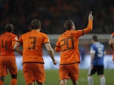 Rafael van der Vaart celebrates after scoring for the Netherlands in their World Cup qualifying match with Estonia on March 22, 2013