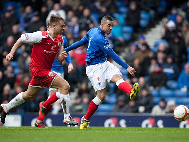 Rangers' Kane Hemmings shoots past the Stirling defence on March 23, 2013