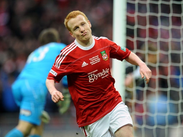 Wrexham's Kevin Thornton celebrates a goal against Grimsby in the FA Trophy Final on March 24, 2013