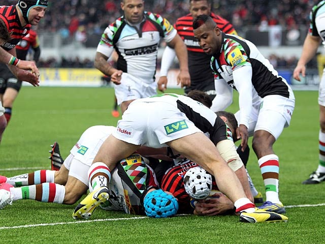 Saracens' Schalk Brits scores his team's first try against Harlequins on March 24, 2013
