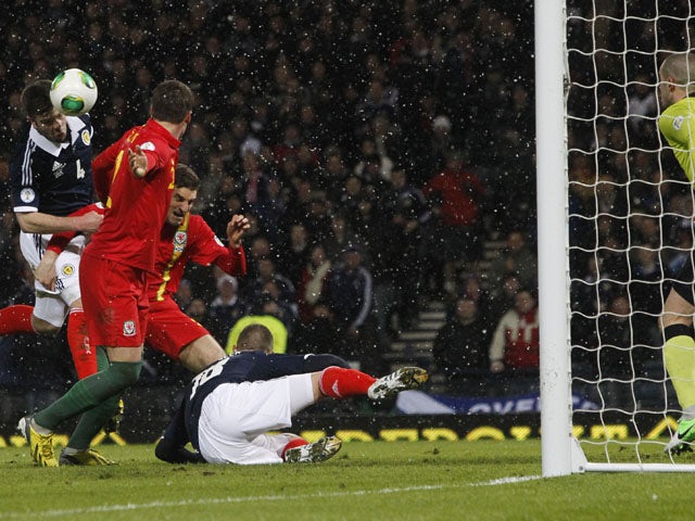 Scotland's Grant Hanley scores for his side in their World Cup qualifier with Wales on March 22, 2013