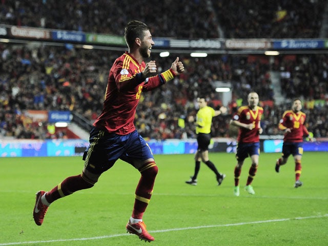 Spain's Sergio Ramos celebrates scoring against Finland during the World cup qualifying match on March 22, 2013