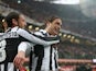 Juventus' Alessandro Matri is mobbed by team mates after scoring his team's second against Inter on March 30, 2013