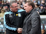 Aston Villa manager Paul Lambert and Liverpool manager Brendan Rodgers greet each other before kick off on March 31, 2013