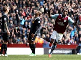 Aston Villa's Christian Benteke celebrates scoring against Liverpool in the Premier League clash on March 31, 2013