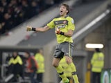 Duesseldorf's goalkeeper Fabian Giefer celebrates after his side's match against Borussia Moenchengladbach on October 31, 2012