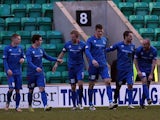 Inverness' Graeme Shinnie is congratulated by team mates after scoring his team's second against Hibernian on March 30, 2013