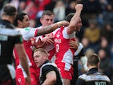 Hull Kingston Rovers' Josh Hodgson celebrates after scoring a try during the Super League with Hull FC on March 29, 2013