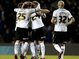 Derby's Jeff Hendrick is congratulated by team mates after scoring the opener against Bristol City on March 29, 2013