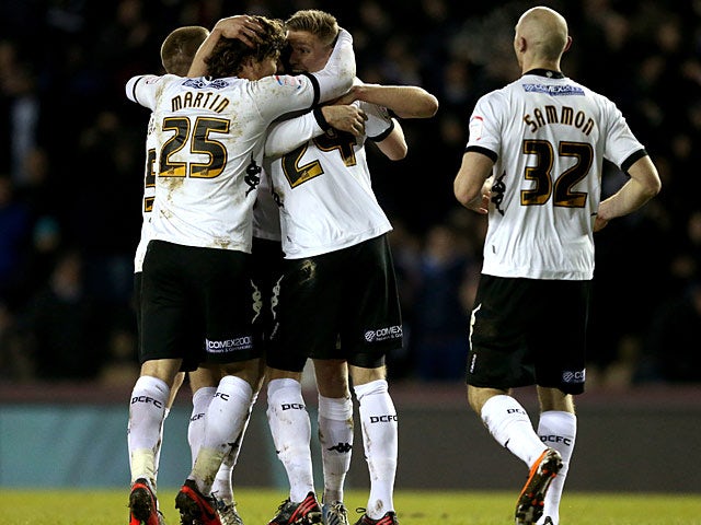 Derby's Jeff Hendrick is congratulated by team mates after scoring the opener against Bristol City on March 29, 2013
